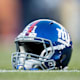 Oct 15, 2017; Denver, CO, USA; A general view of a New York Giants helmet on the turf before the game against the Denver Broncos at Sports Authority Field at Mile High.